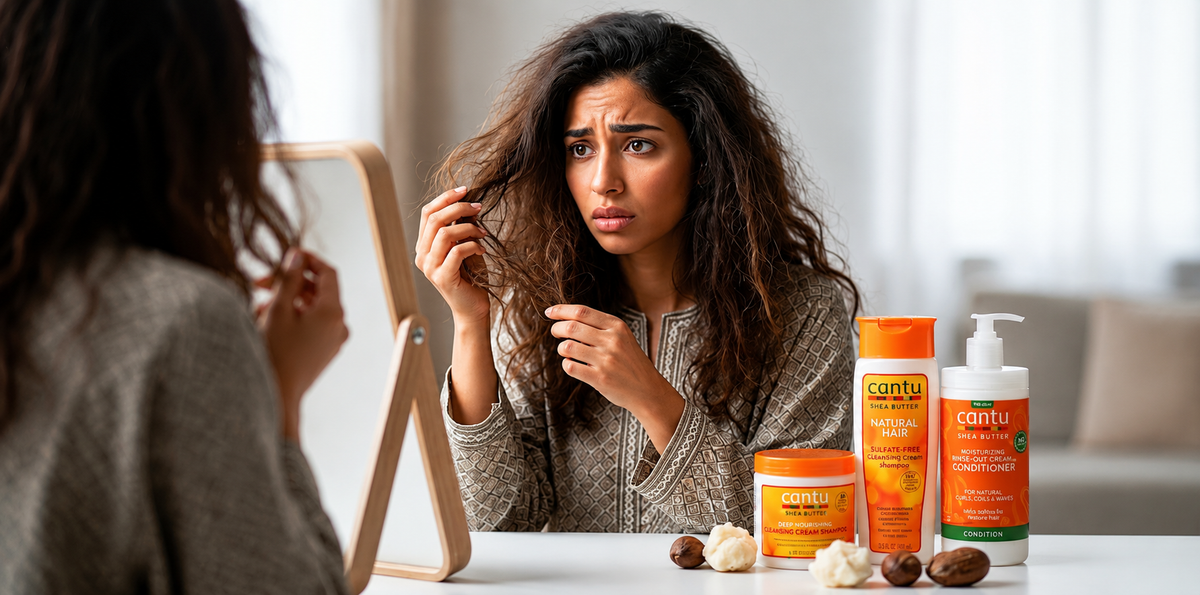 Woman examining frizzy hair beside Cantu shea butter shampoo and conditioner products on a vanity table.