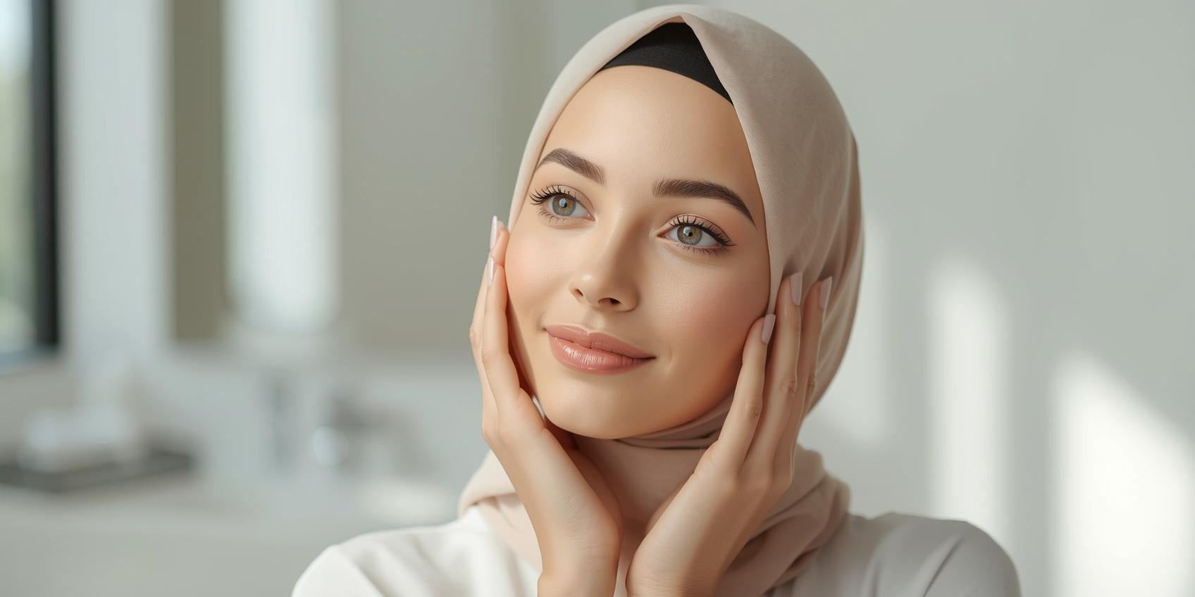 Beautiful hijabi woman following the best skin care routine for oily skin in Saudi Arabia