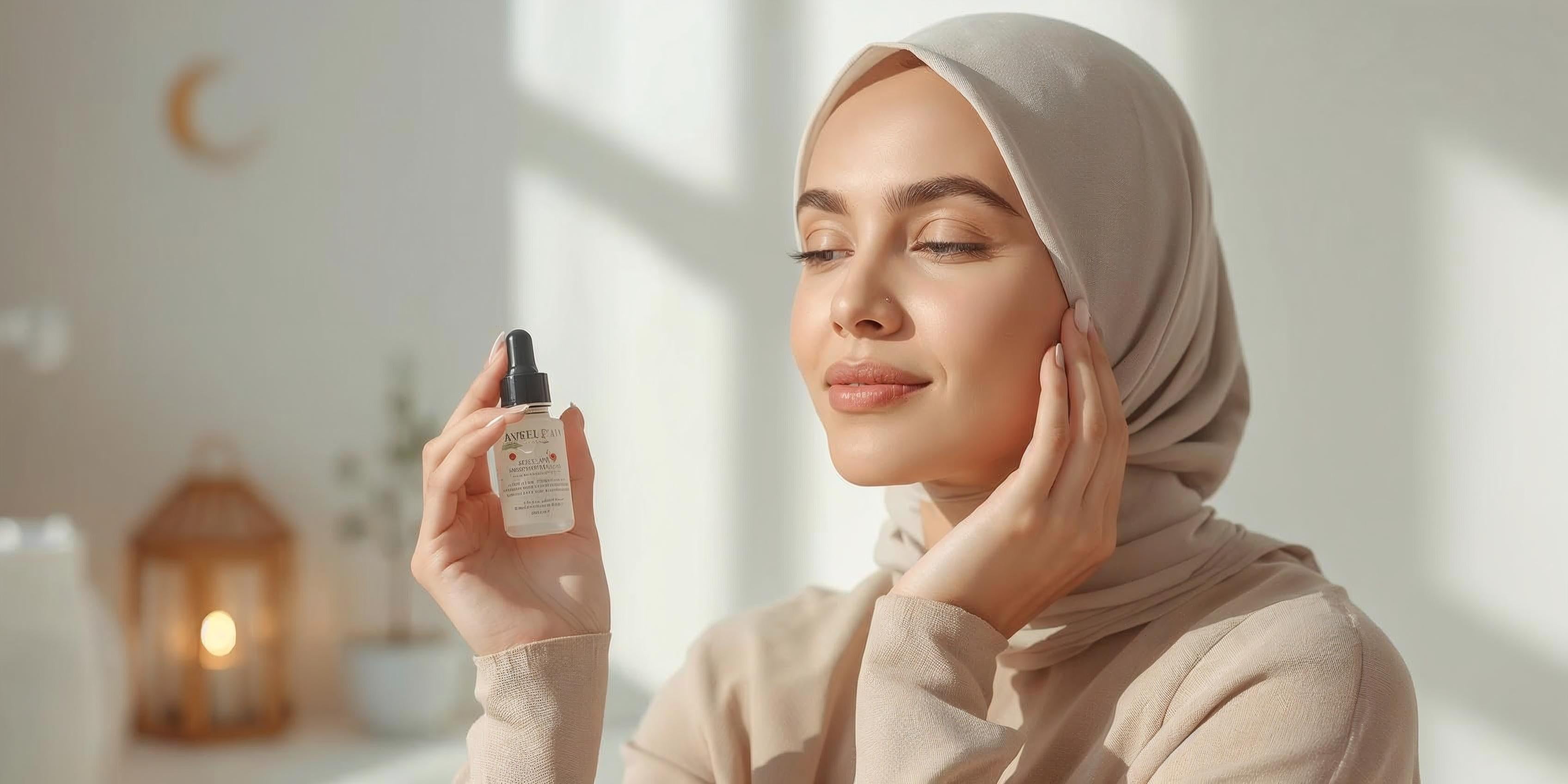 Young hijabi woman with glowing skin during Ramadan, practicing skincare and hydration with serums and moisturizers nearby