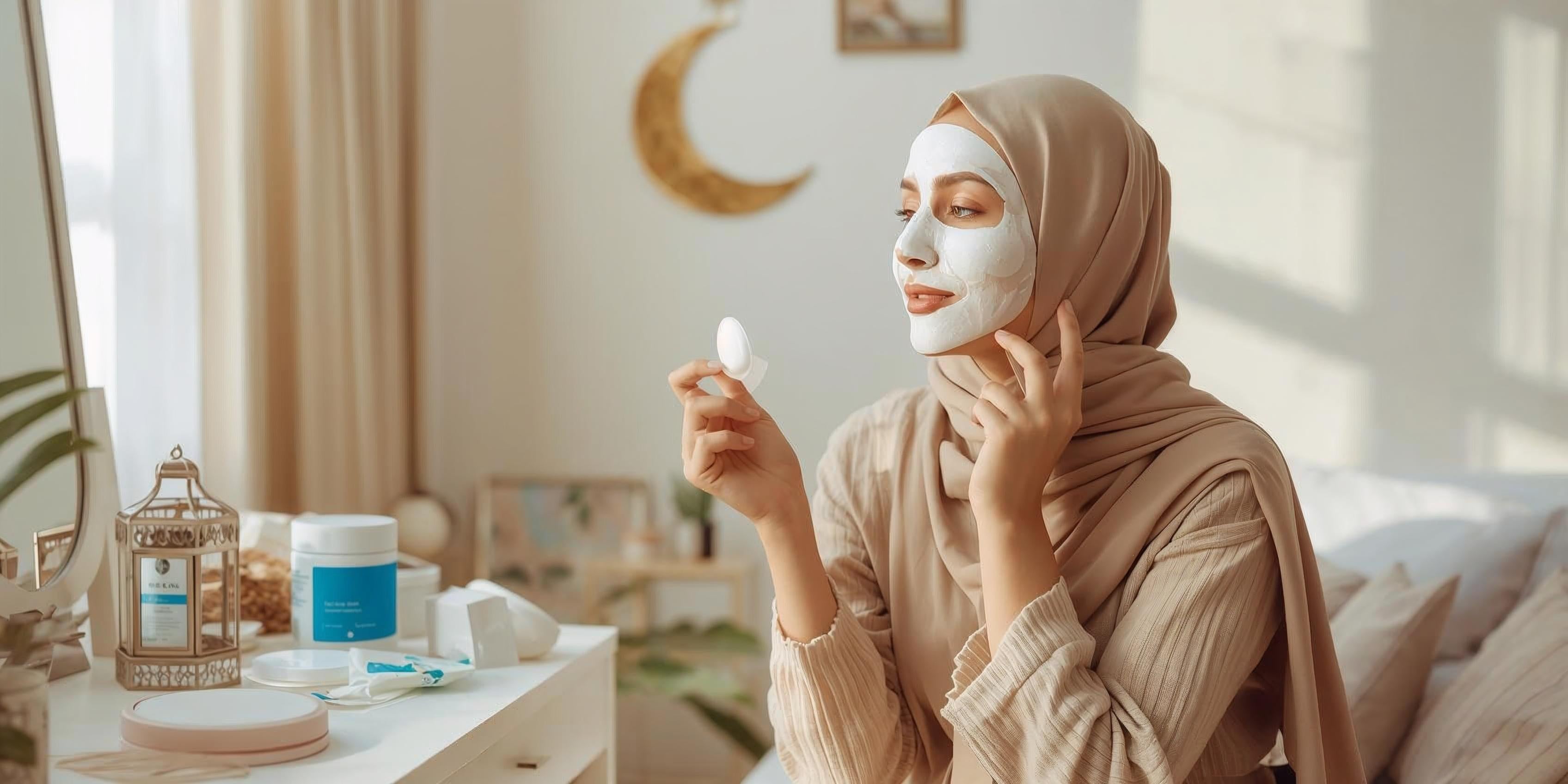 Woman in hijab applying a hydrating sheet mask with skincare pads during Ramadan to treat dry skin in Saudi Arabia