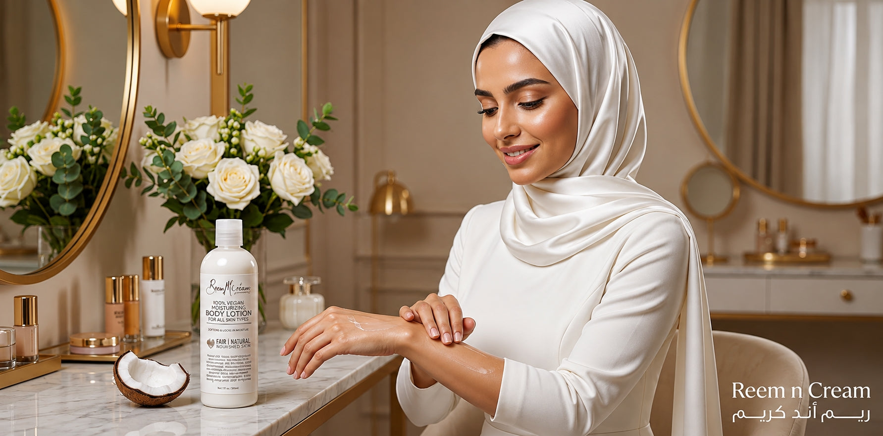 Woman applying Reem n Cream body lotion in a luxury setting, highlighting smooth, moisturized skin and daily skincare routine.