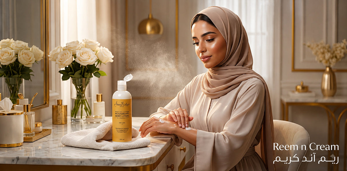 Woman applying body lotion at a vanity, illustrating the Best Time to Apply Body Lotion for Maximum Hydration after bathing.