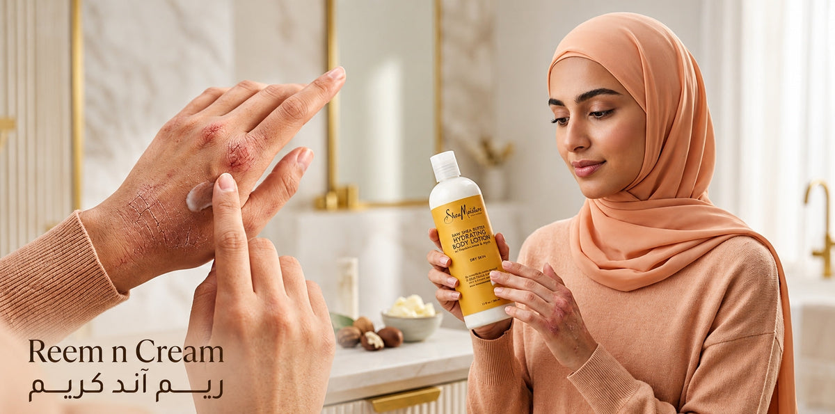 Woman in peach hijab holding hydrating body lotion while applying cream to dry, irritated hands in a bathroom.