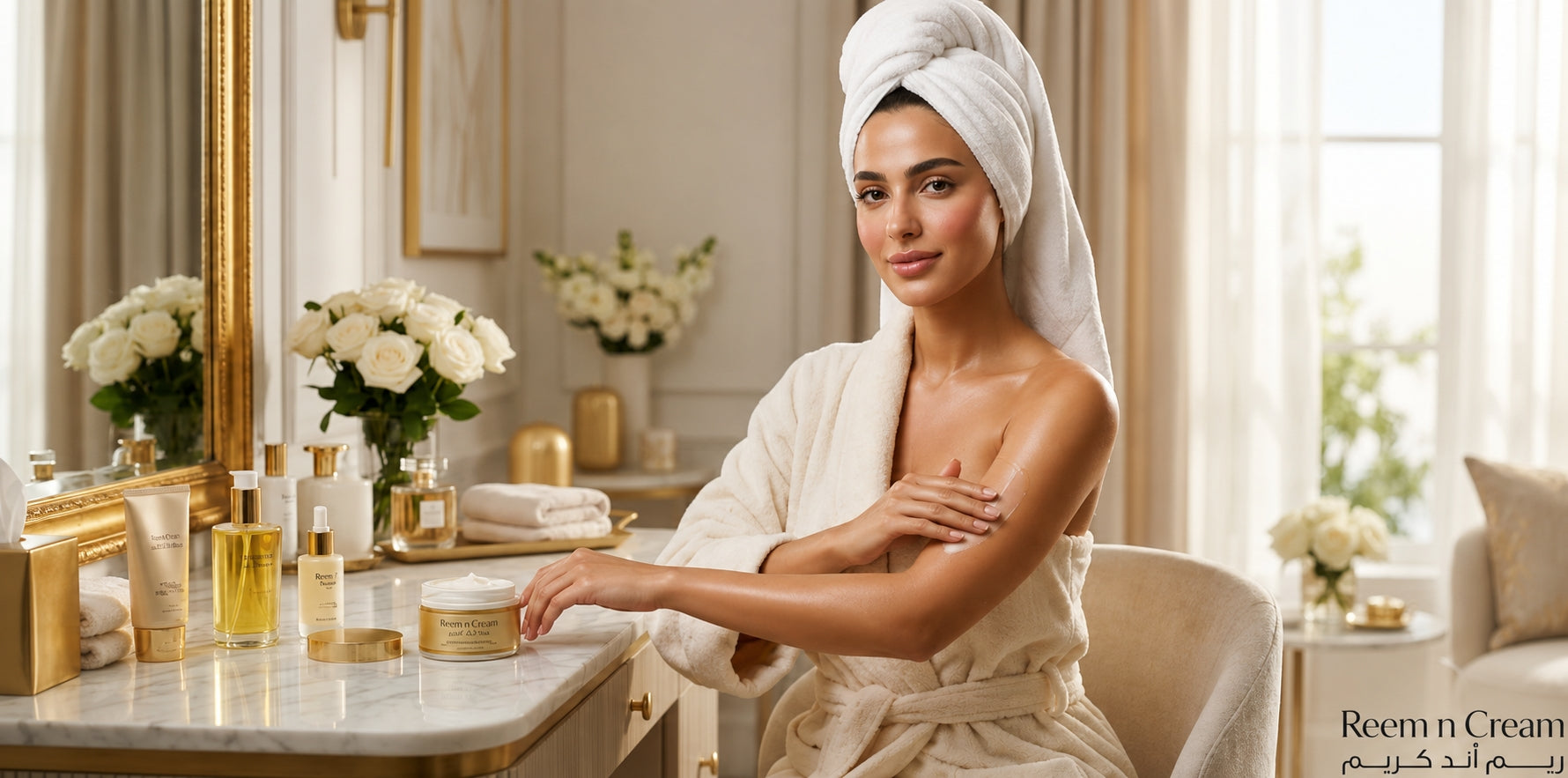 **Alt text (125 characters):** Woman in a white bathrobe applying body cream at a luxury vanity with Reem n Cream skincare products in a bright spa setting.