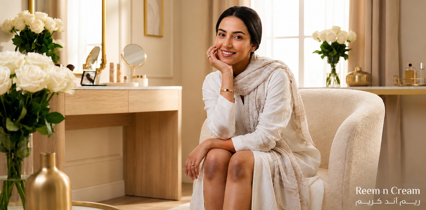 How to Get Rid of Dark Knees and Elbows with a woman relaxing indoors, showcasing smooth, even-toned skin in soft light.