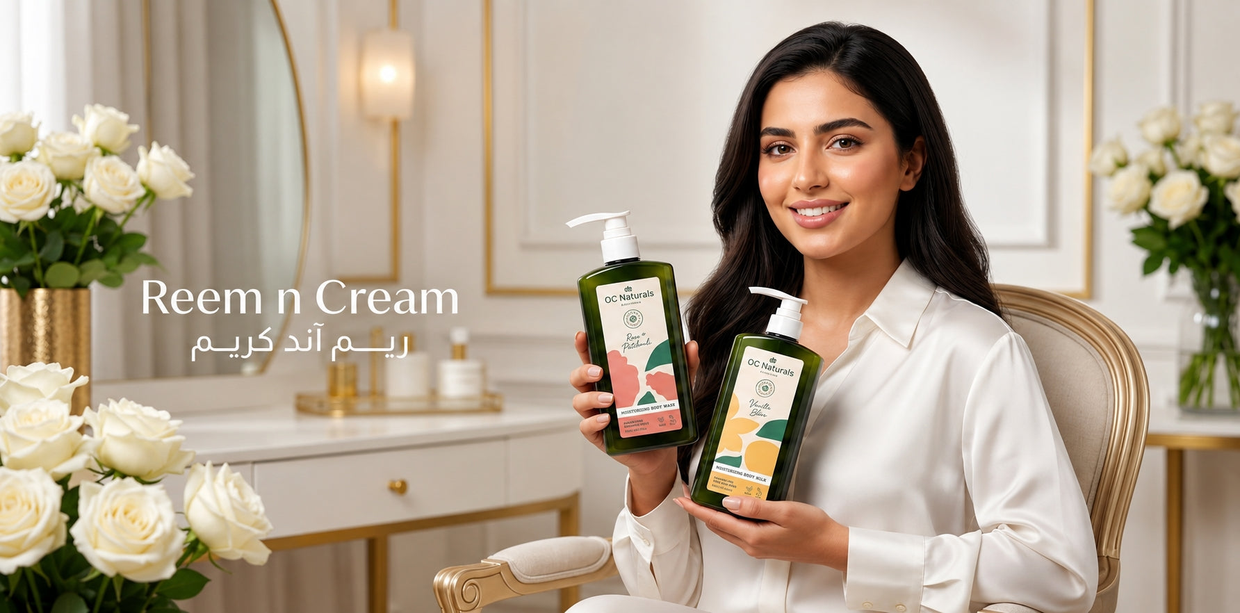 Woman holding OC Naturals Rose and Patchouli Moisturising Body Wash and OC Naturals Vanilla Shea Moisturising Body Wash.