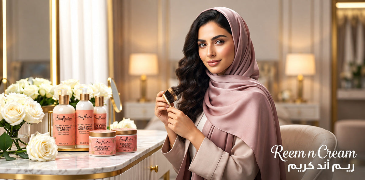 Reem n Cream beauty campaign featuring a woman in a hijab, skincare products, roses, and an elegant vanity setting.