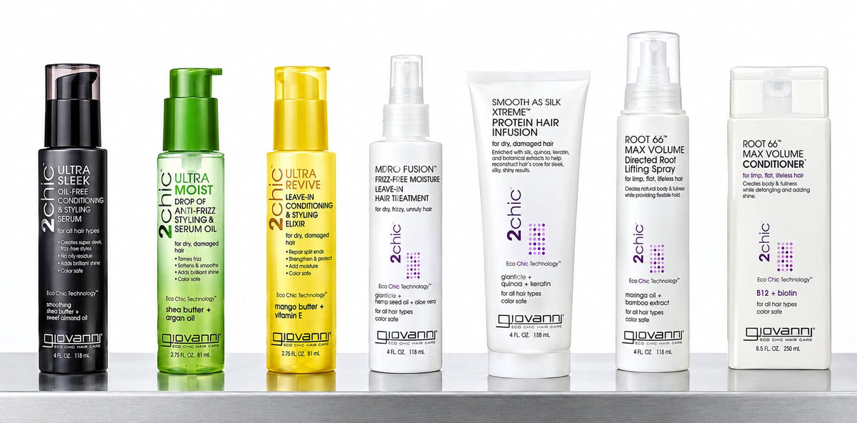 Giovanni haircare products arranged in a row, including Ultra Sleek, Ultra Moist, Ultra Revive, Smooth As Silk, and Root 66 treatments.
