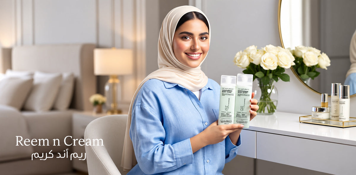 Reem n Cream skincare image featuring a woman holding body wash bottles in a luxury setting, with reemncream branding shown!