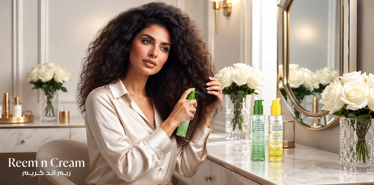 Woman styling curly hair with 2chic Ultra Moist and Ultra Revive serums in a luxury vanity setting by Reem n Cream.