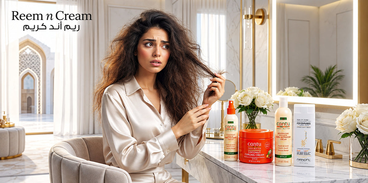 Reem n Cream hair care ad featuring Cantu products, a woman with frizzy hair, and a luxury vanity at reemncream.com.