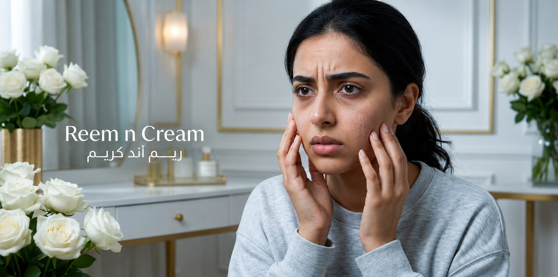 Stretch mark treatment guide showing a woman examining skin concerns in a bright skincare setting with Reem n Cream branding.