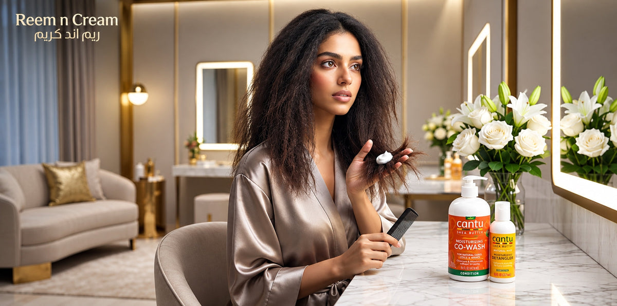 Reem n Cream hair care scene featuring a woman with textured hair, Cantu products, and a luxury vanity setup.