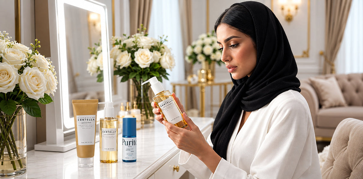 Woman in black hijab using Centella skincare products, including Purito serum and Skin1004 cleanser, at a luxury vanity.