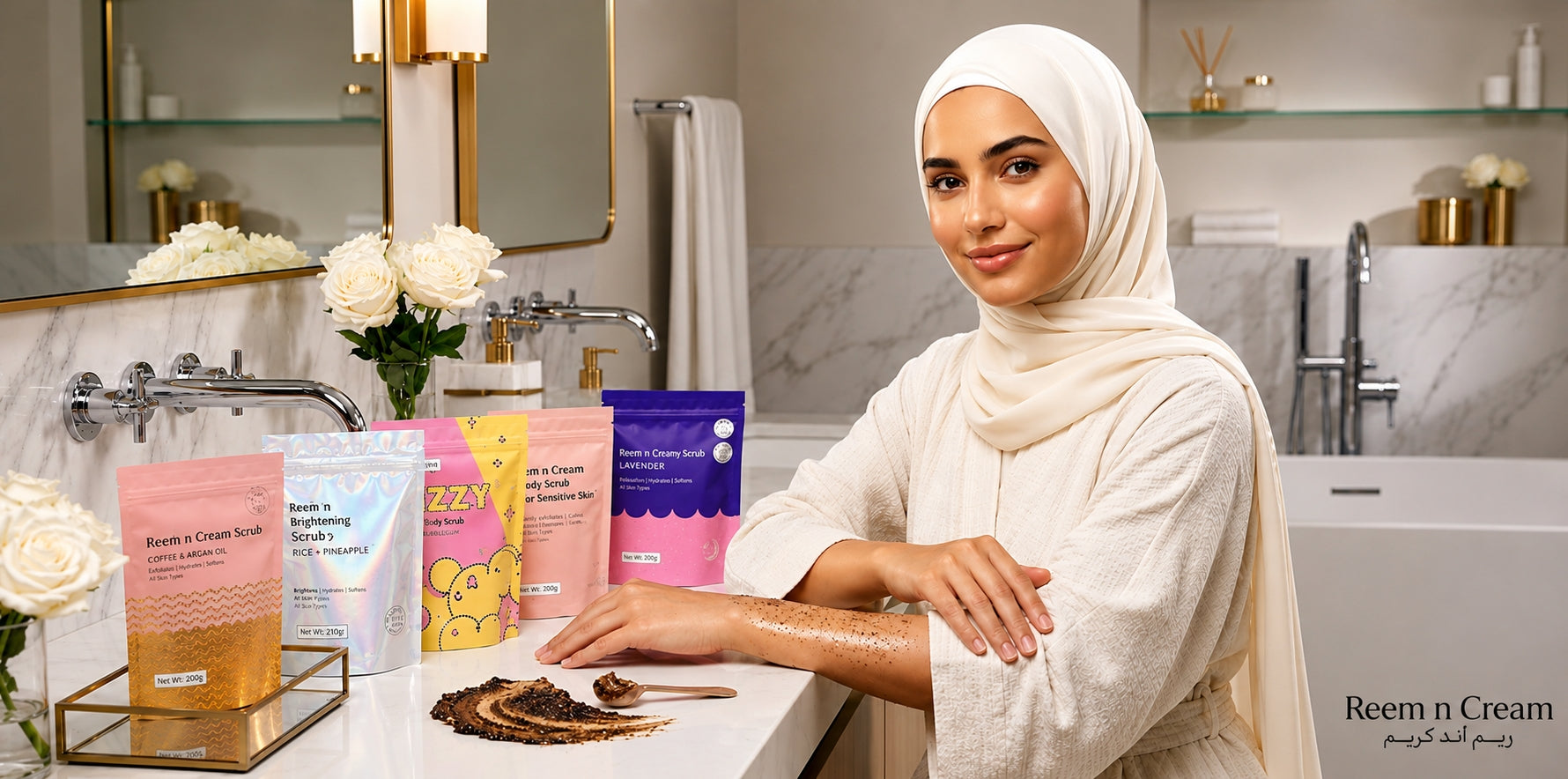 Reem n Cream body scrub collection displayed in a luxury bathroom with a hijab model showcasing radiant skincare and exfoliation.