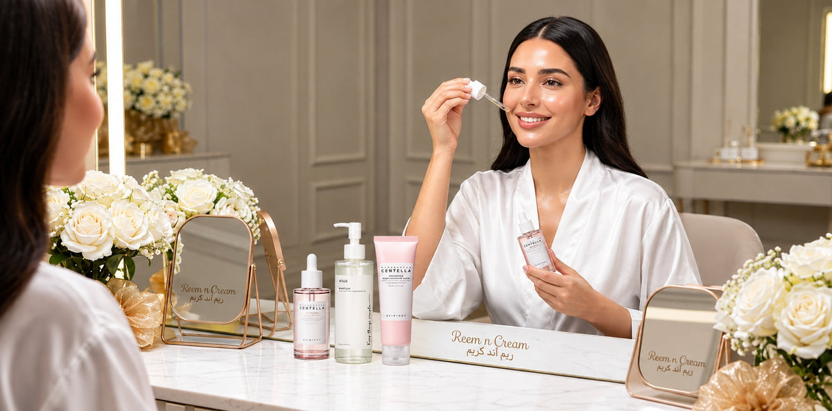 Korean skincare routine featuring SKIN1004 Centella, Anua cleansing oil, and cleansing foam in a luxury Reem n Cream setting.