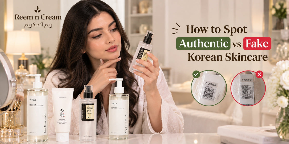 Young woman checking Korean skincare products with Anua, Beauty of Joseon, and COSRX in a luxury Reem n Cream setting.