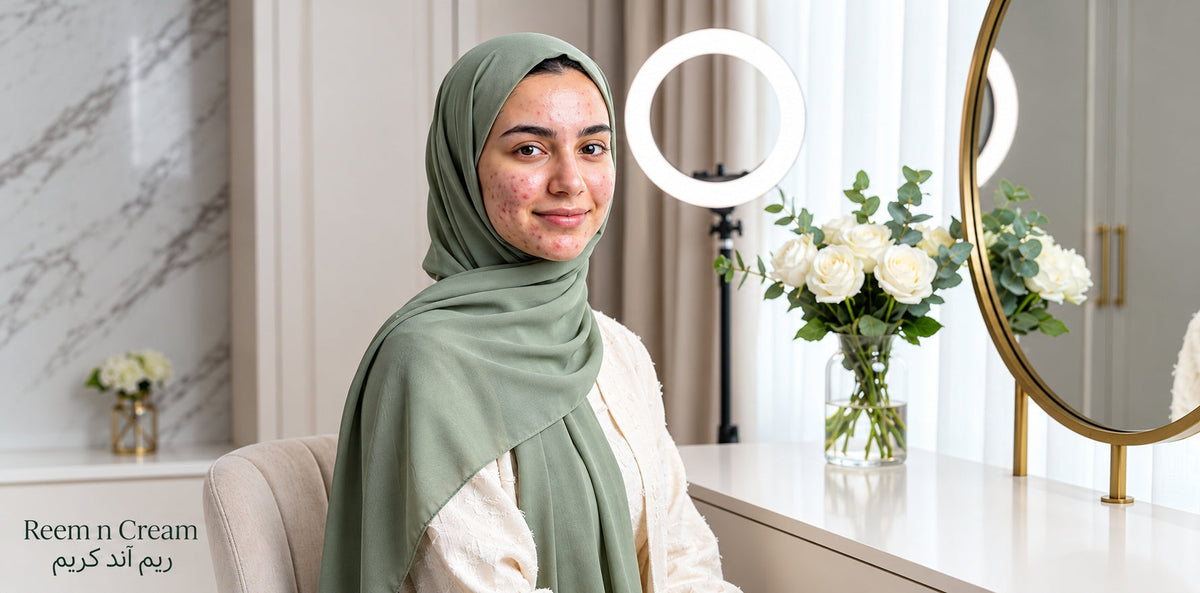 HD beauty portrait of a woman in a sage hijab with natural acne marks, vanity setting, and Reem n Cream branding.