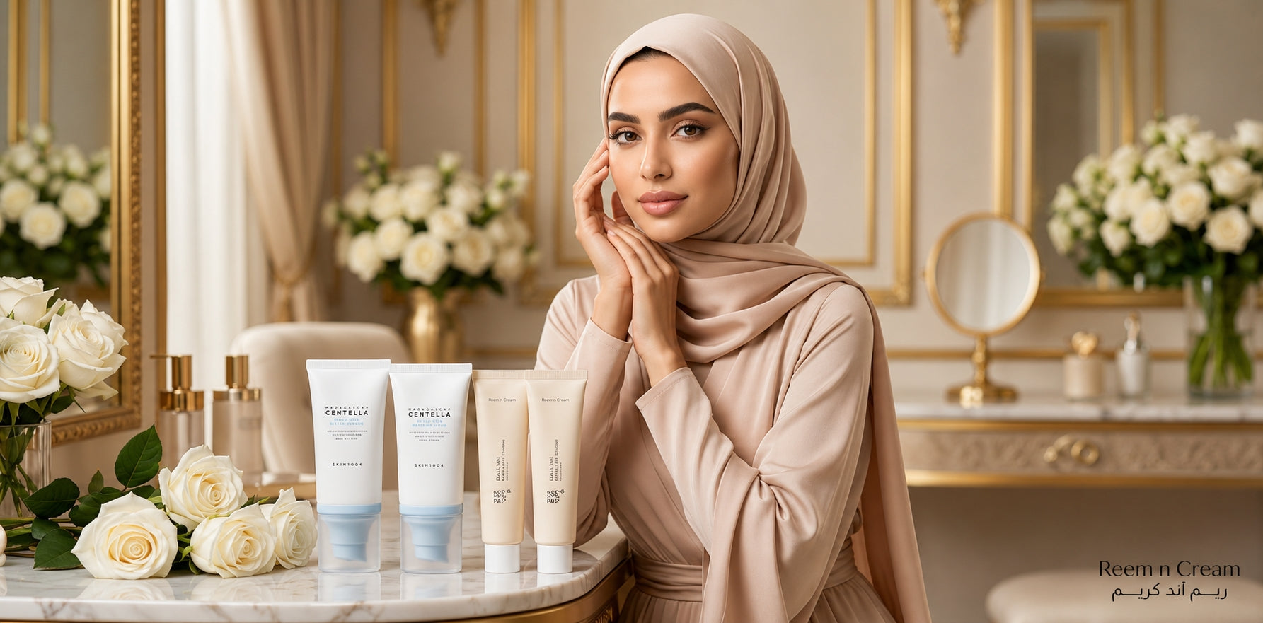 Best Sunscreen for Saudi Arabia's Heat and Humidity featuring a hijabi model with skincare products in a luxury setting.