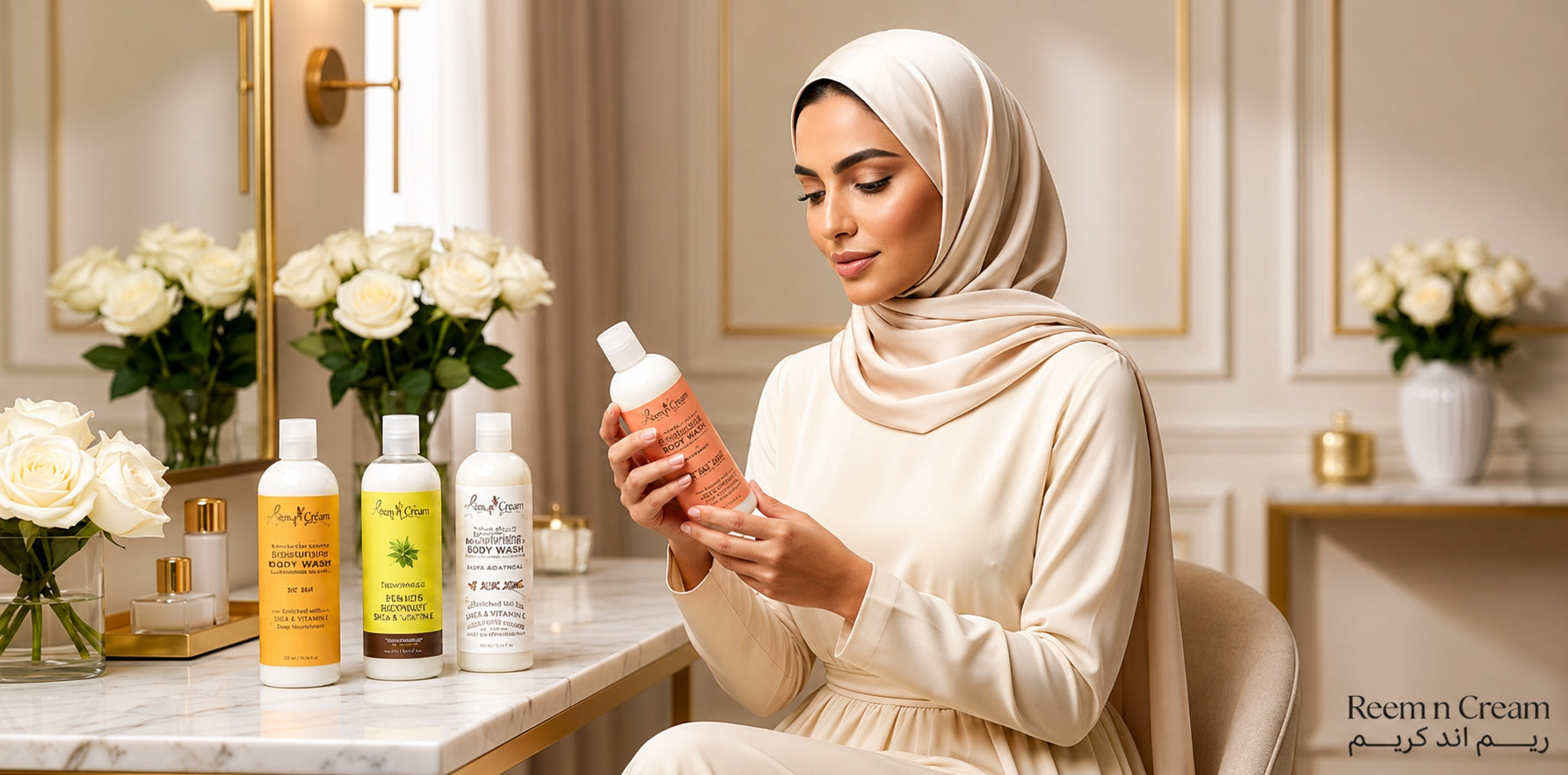 How to Choose the Right Body Lotion for Your Skin Type: woman choosing body lotion beside skincare products.