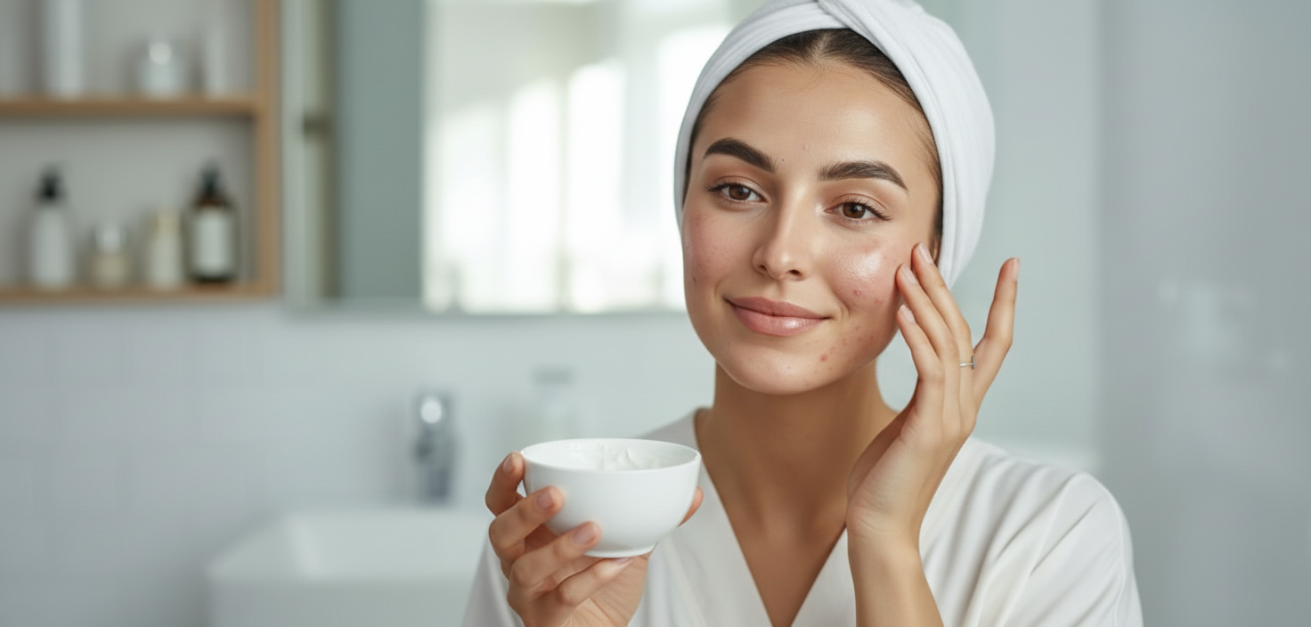 Woman with acne using skincare products for acne treatment in Saudi Arabia