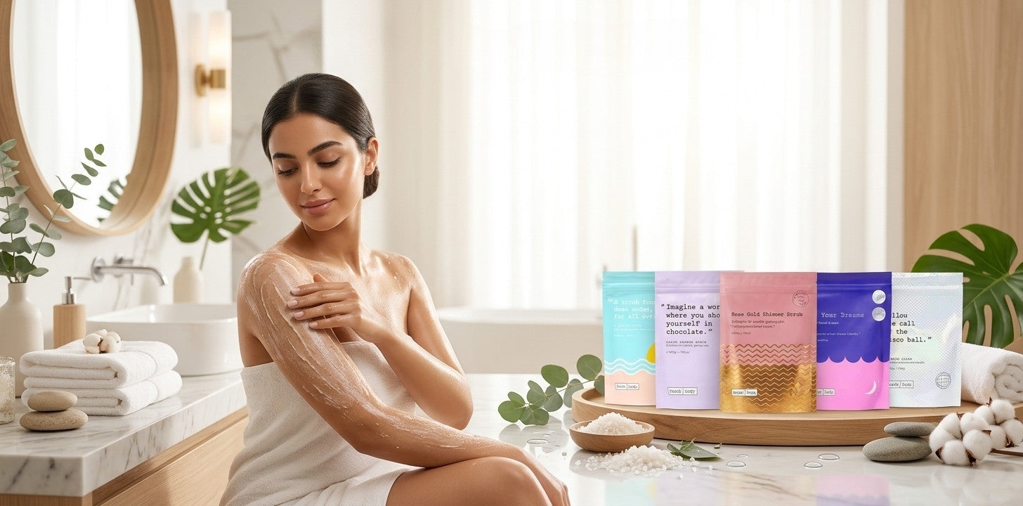Middle Eastern woman using premium body scrub for smooth, glowing skin with Reem n Cream | ريم آند كريم