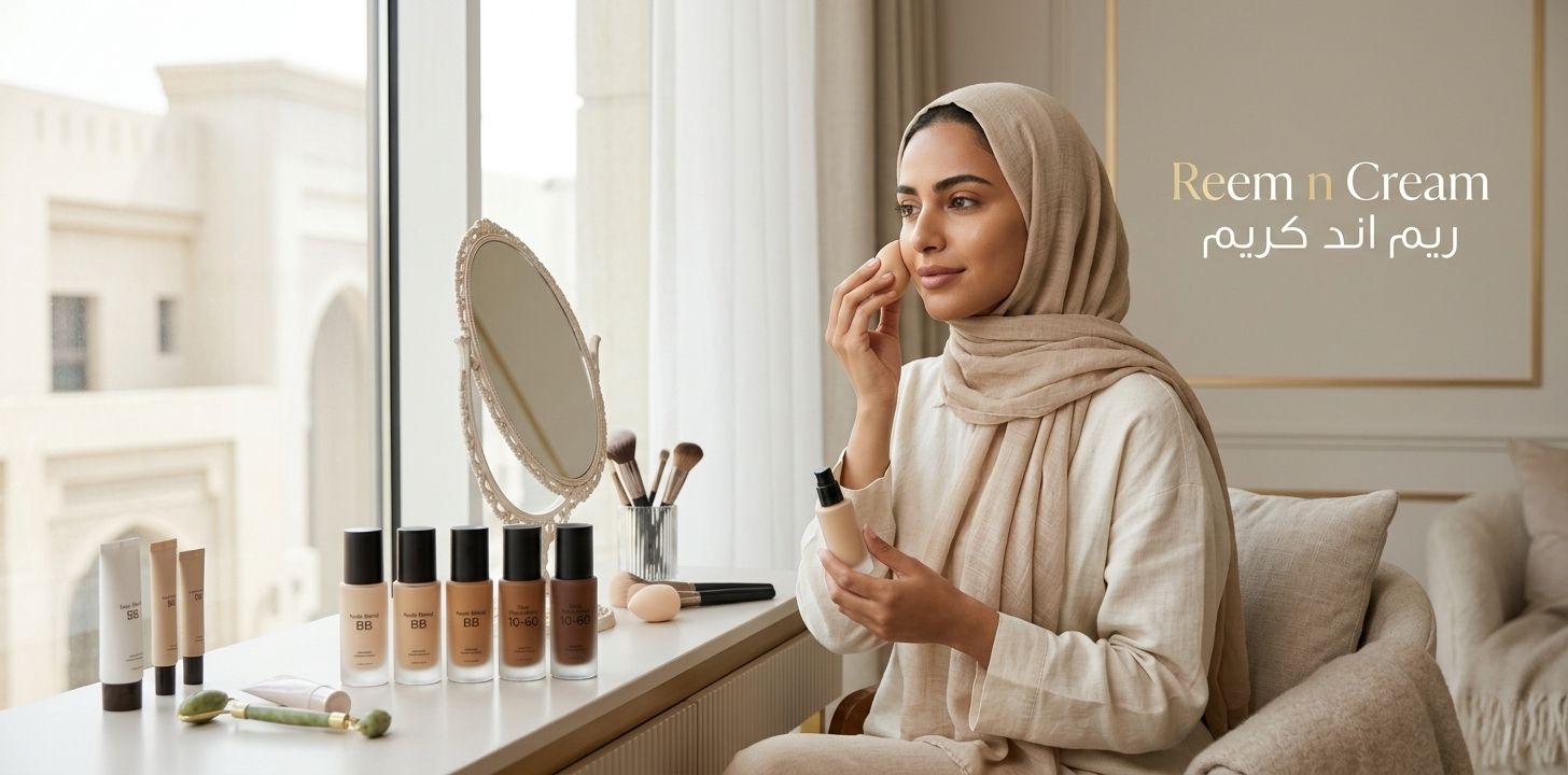 Best foundation cream in KSA 2026 featuring hijabi woman applying BB cream with natural glowing skin and Purito shades on vanity table