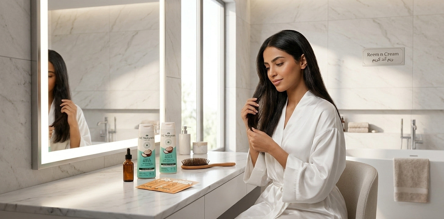 Best hair loss shampoo 2026 featured image with Middle Eastern woman and OC Naturals hair care products Reem n Cream