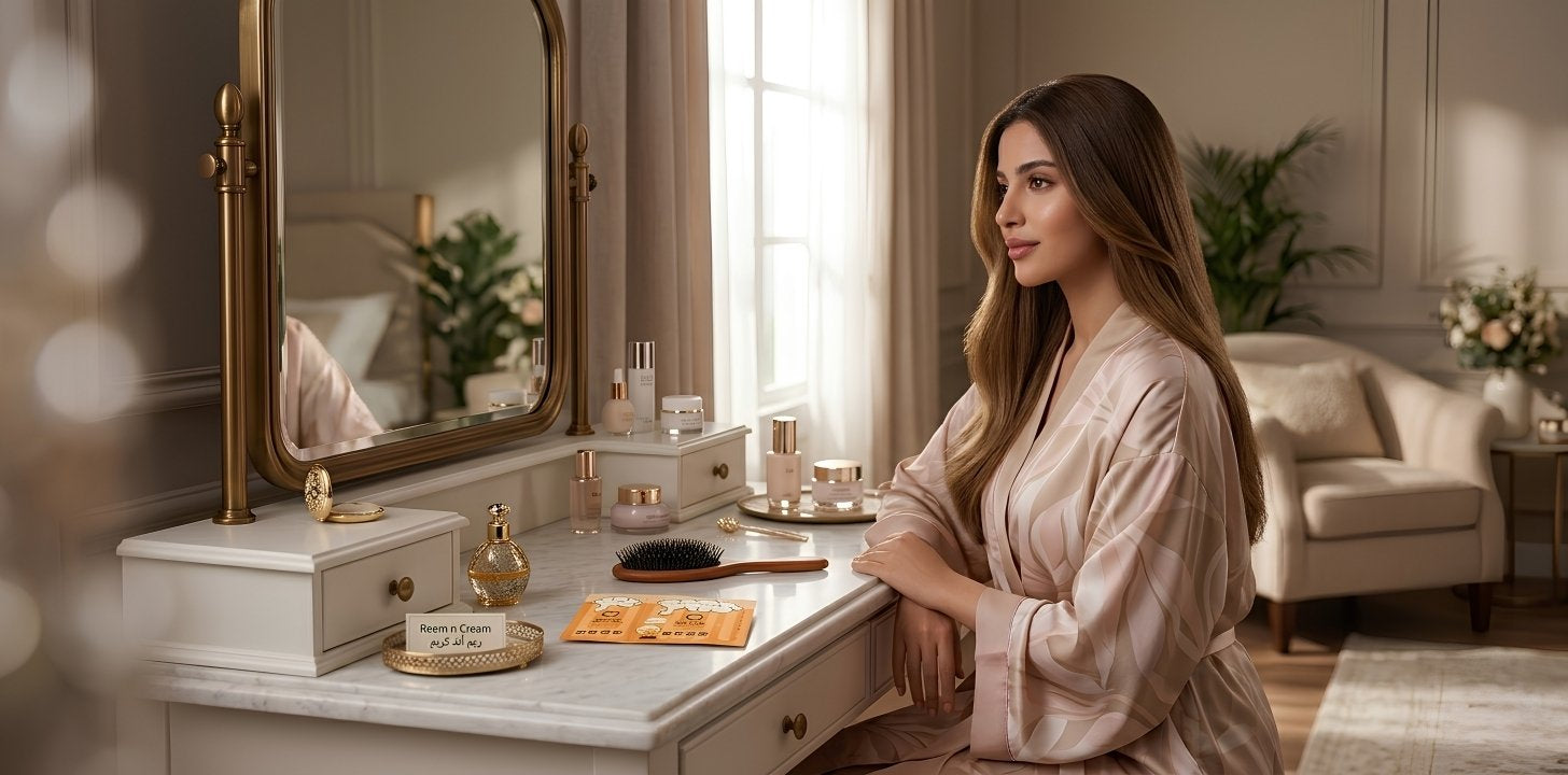 Young Middle Eastern woman in bedroom using O Steam hair mask sache, Reem n Cream ريم آند كريم hair care routine shot