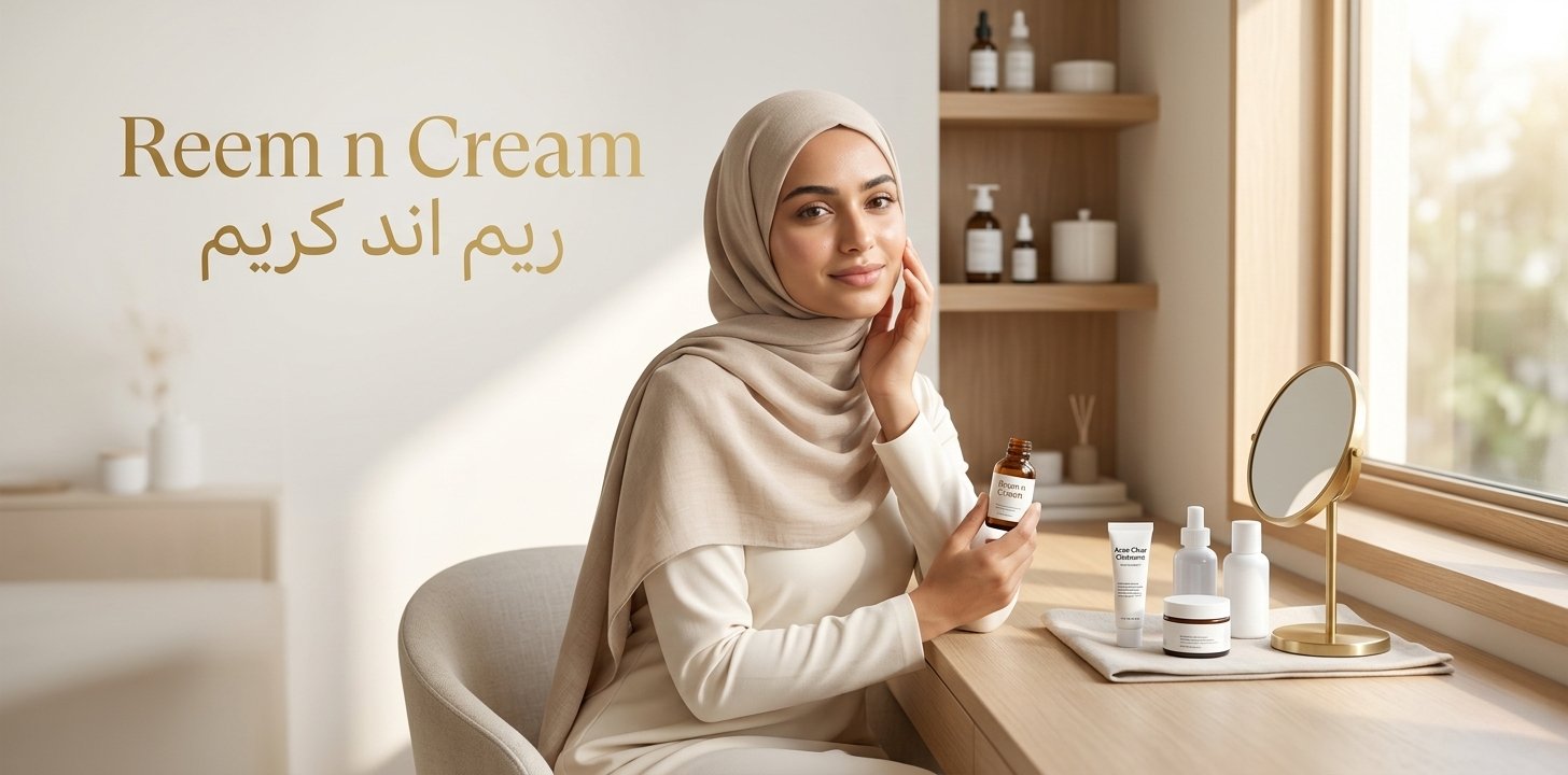 Hijabi woman with clear skin in a natural skincare setting showing acne treatment products for Best Ointment for Face Pimples: Top Acne Treatments 2026 with Reem n Cream branding in the background
