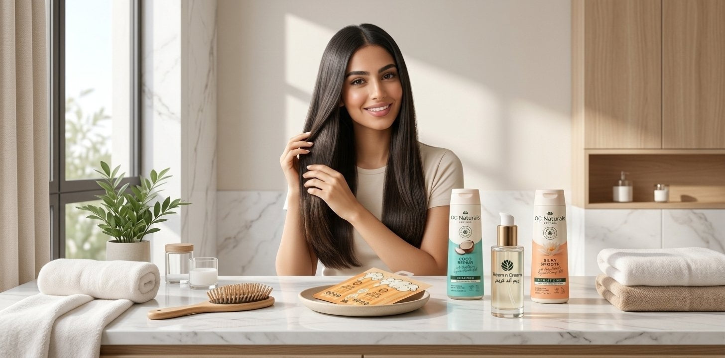 Complete Hair Care Routine: Weekly to Daily Steps featuring a young Middle Eastern woman with healthy shiny hair and premium Reem n Cream hair care products.