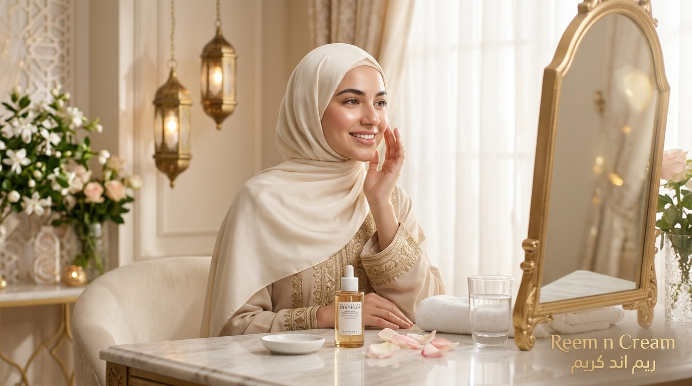 Beautiful hijabi woman with glowing skin in soft golden light, featuring Reem n Cream (ريم اند كريم) and a Korean skincare product (Anua or Skin1004).