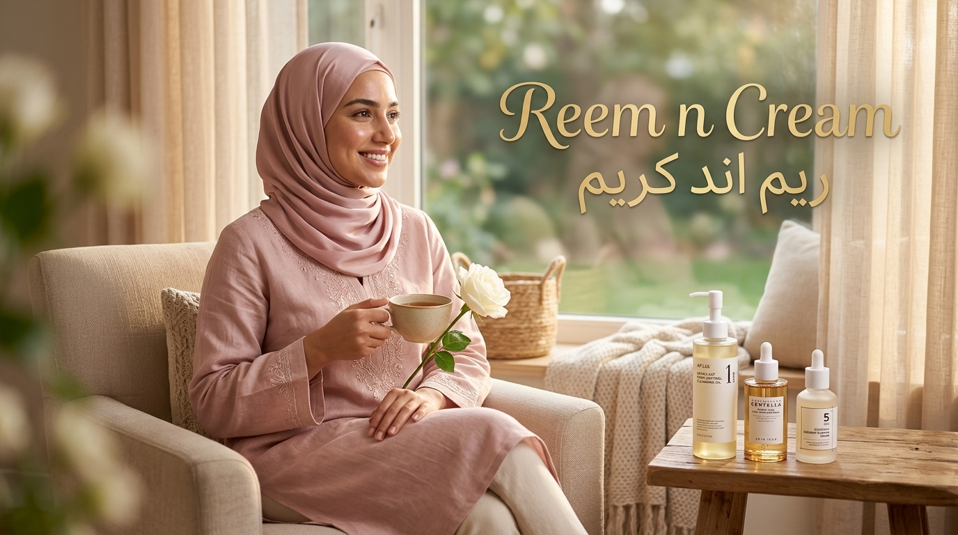 Hijabi woman with glowing skin relaxing by a sunlit window, Korean skincare products including Anua Heartleaf Oil Cleanser, Skin 1004 Ampoule, and Numbuzin Serum for Eid skincare routine, Reem n Cream branding in golden light.