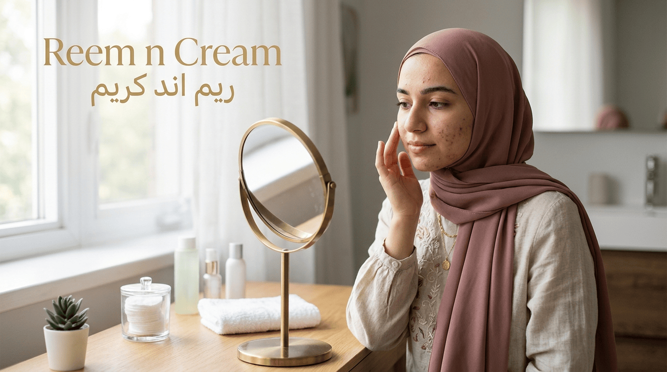 Hijabi woman with visible face pimples and acne examining her skin in mirror during skincare routine in modern bathroom.