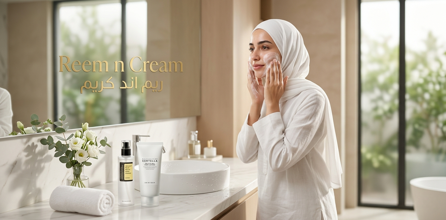 Beautiful hijabi woman with glowing oily skin using a foaming face wash in a luxury skincare setting with Korean skincare products for oil control and clear skin.