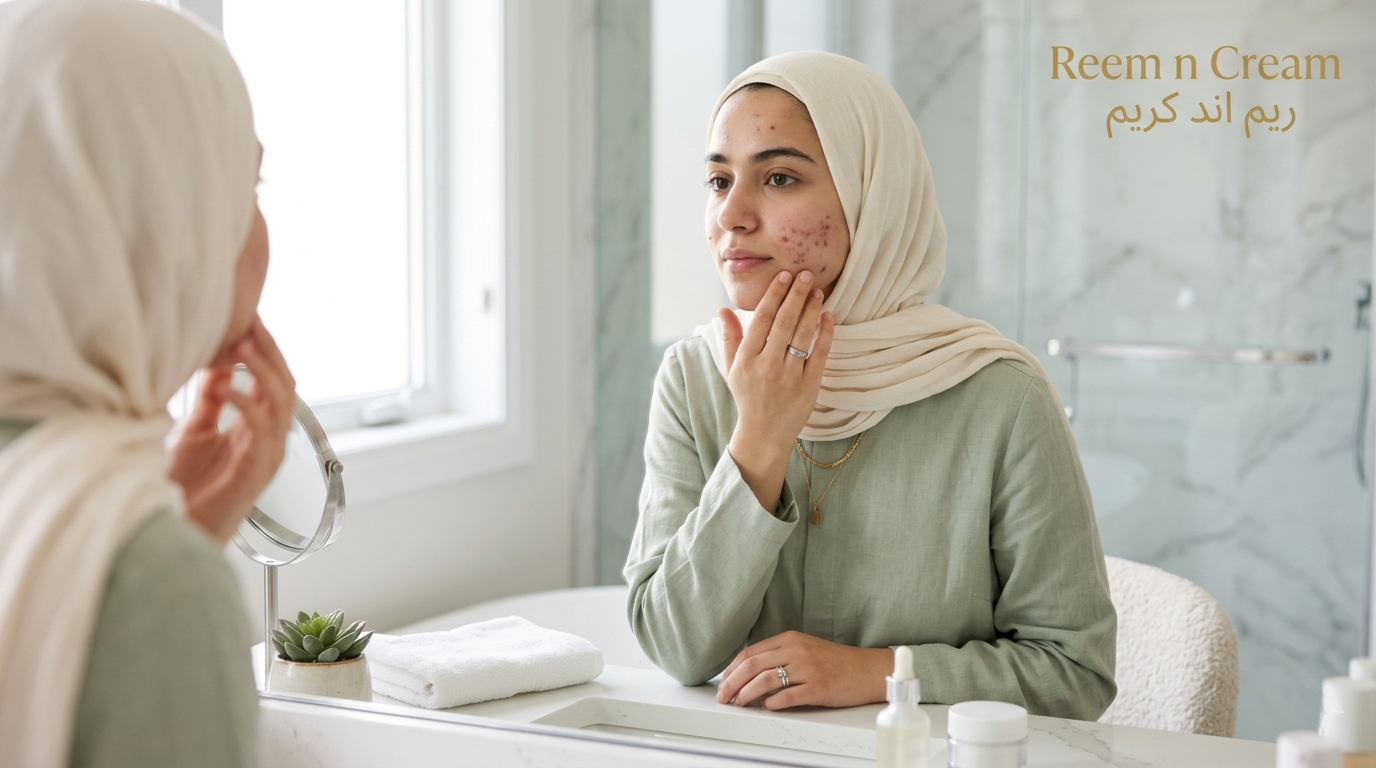 Hijabi woman with visible acne on oily skin looking in mirror during skincare routine for fast and effective acne treatment guide.