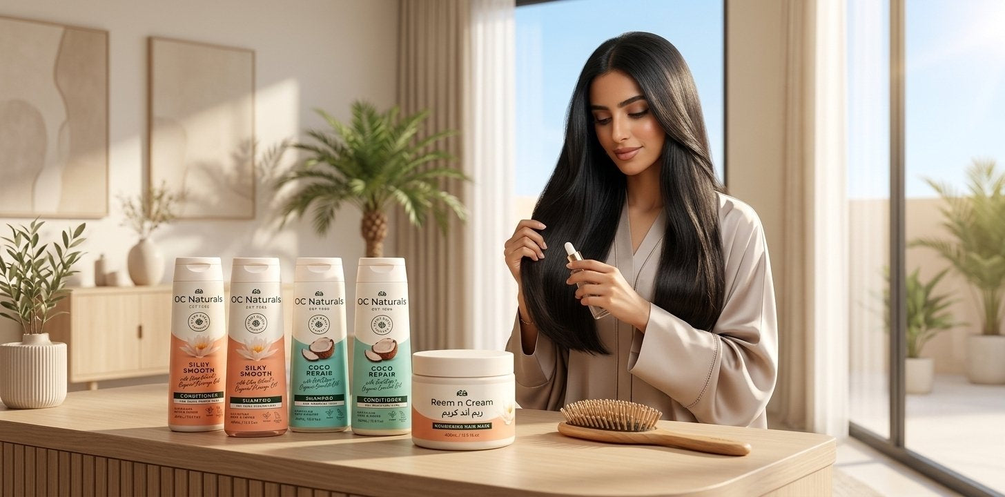 Saudi woman with healthy hair using Reem n Cream | ريم آند كريم OC Naturals hair care products for healthy hair care in Saudi Arabia.