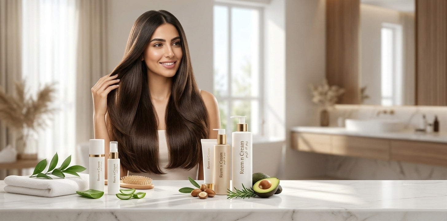 Young Middle Eastern woman with healthy long hair using Reem n Cream | ريم آند كريم hair care products.