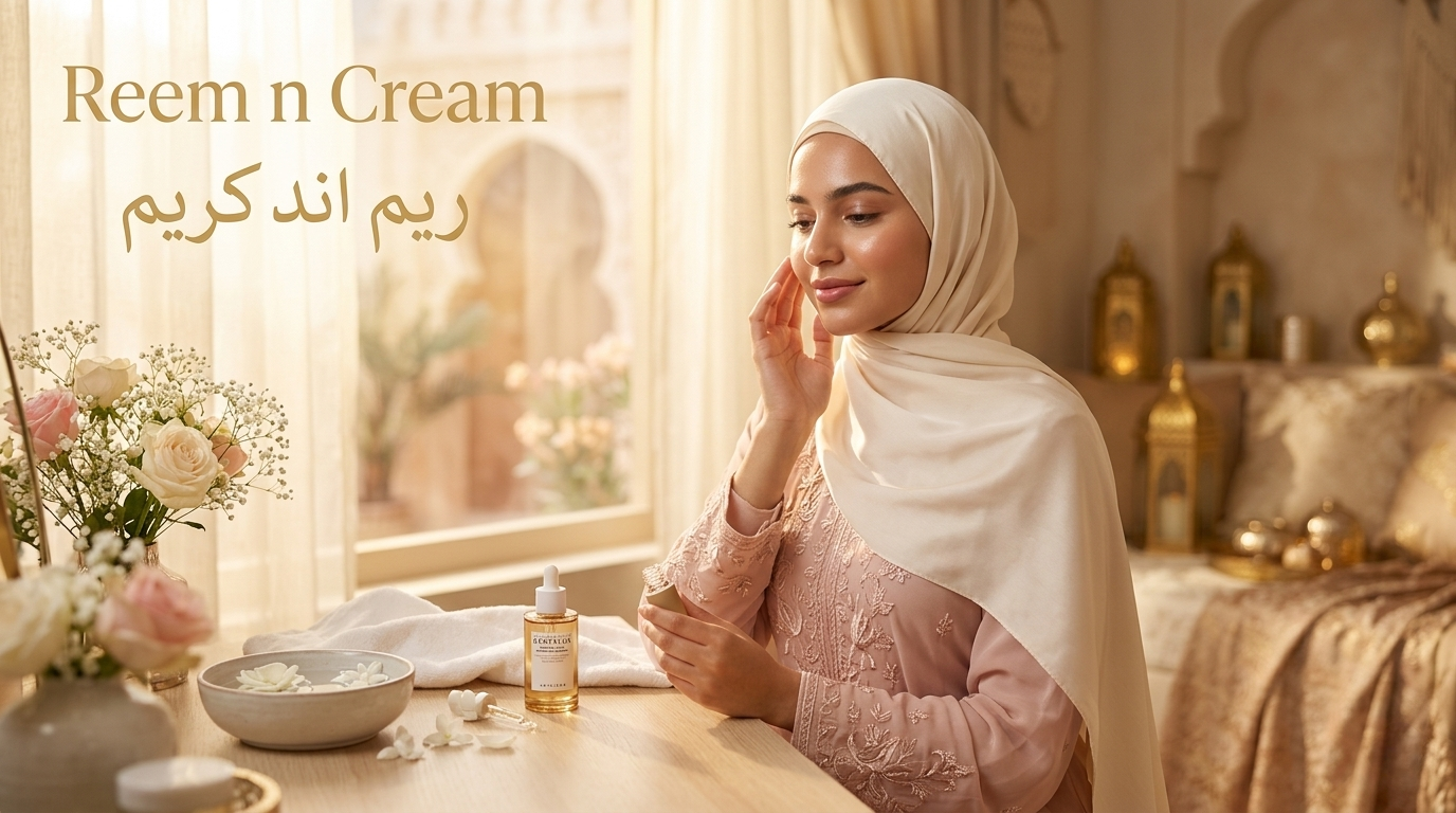 Hijabi woman with glowing Korean glass skin in a soft golden room holding Korean skincare products with Reem n Cream branding for Eid skincare routine.