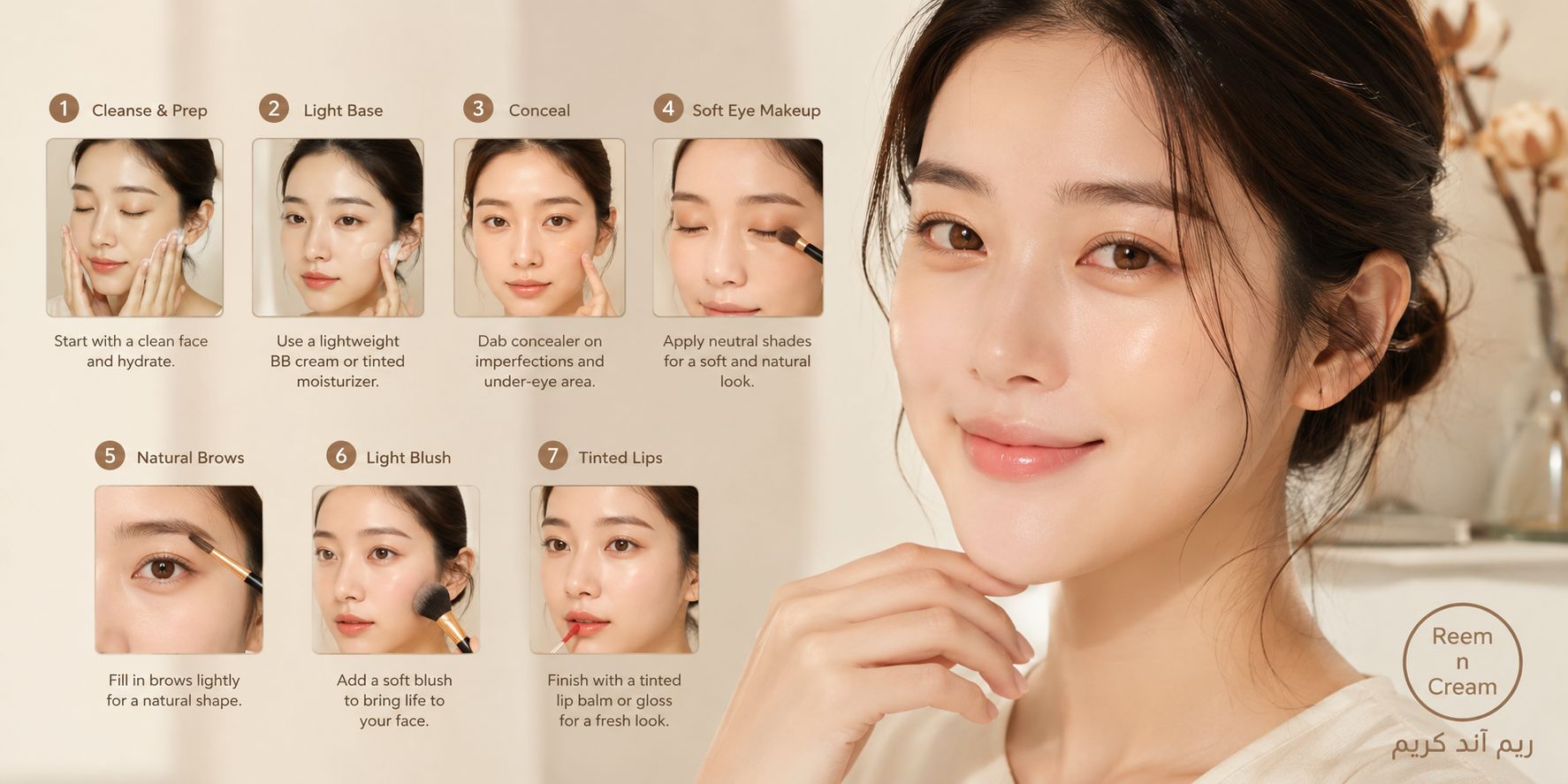 Light and natural K-Beauty makeup tutorial featuring a beginner-friendly glowing look, flawless skin, soft beauty steps, and elegant skincare-inspired styling.