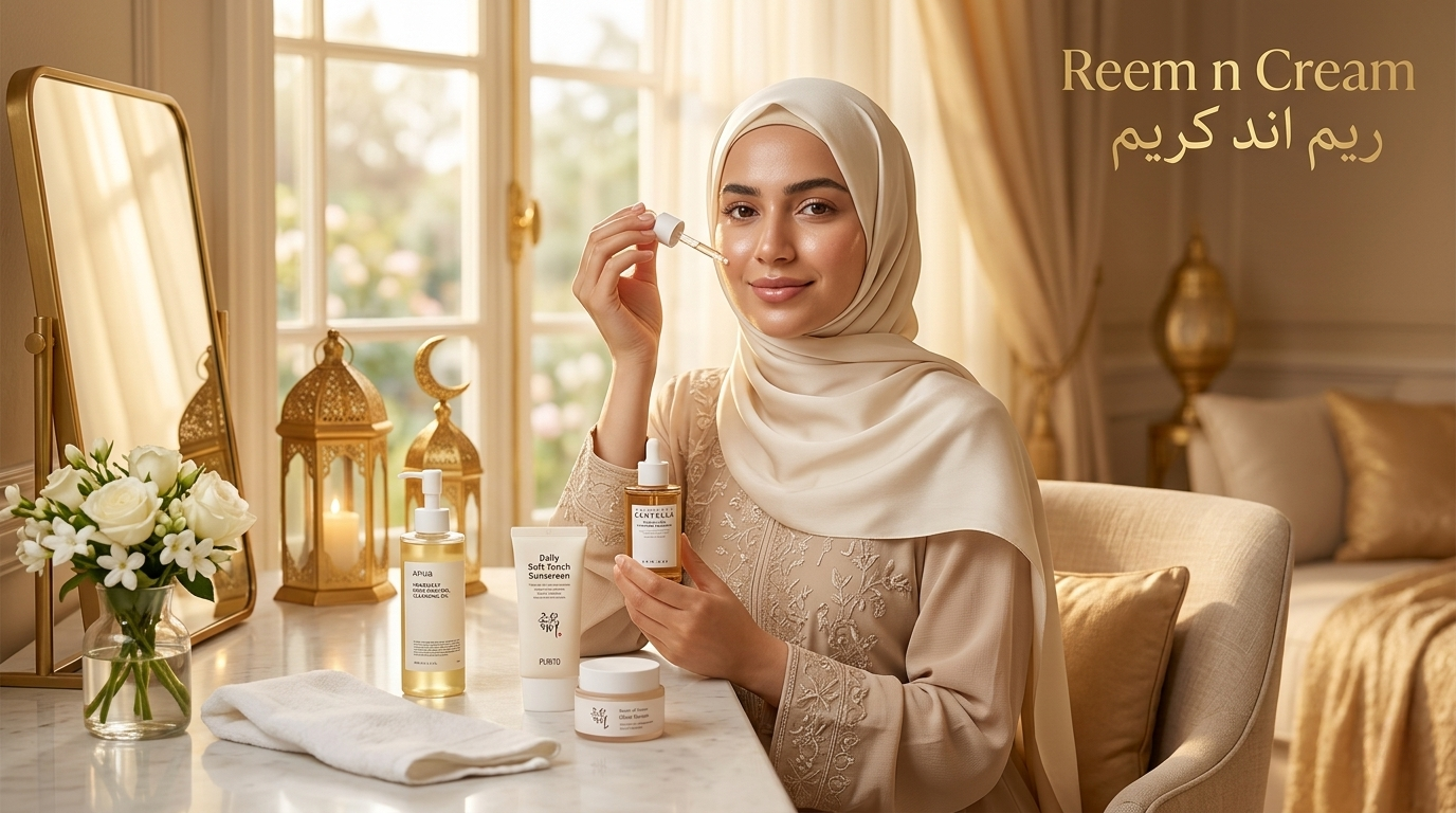 Hijabi woman with naturally glowing skin in a warm golden room applying Korean skincare products for Eid skincare routine with Reem n Cream branding.