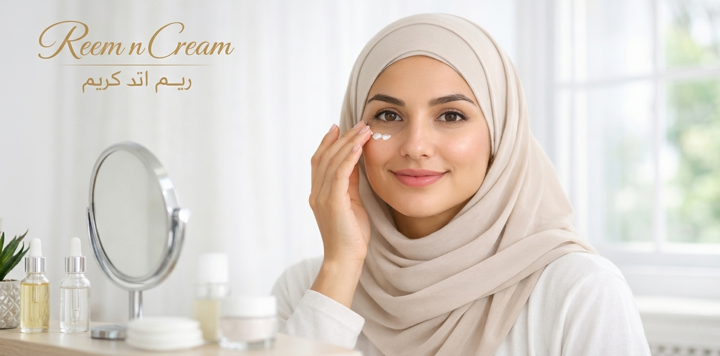 Hijabi woman applying eye cream with visible improvement in dark circles under bright natural light skincare routine scene