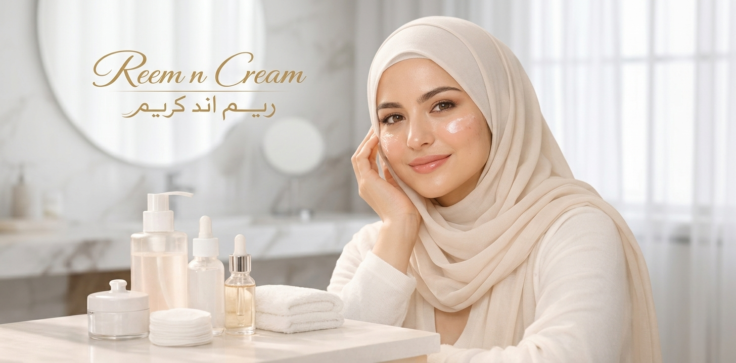 Beautiful hijabi woman with clear glowing skin in a bright skincare setting, representing treatment for face pimples and expert skincare advice by Reem n Cream (ريم اند كريم)