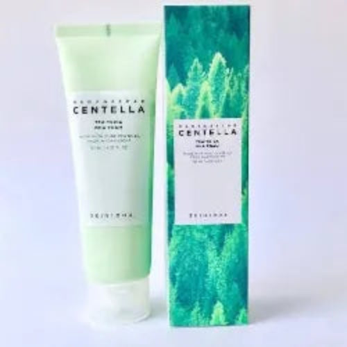 Madagascar Centella Tea-Trica BHA Foam cleanser with decorative product box, showcasing elegant packaging inspired by natural botanical elements.