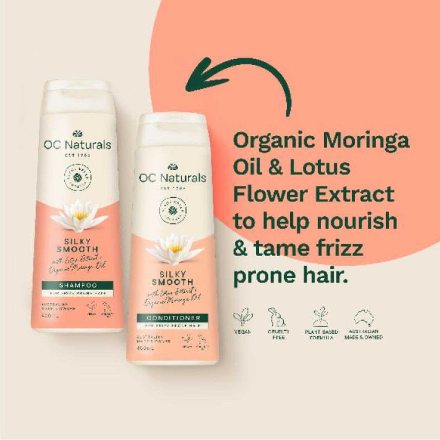 OC Naturals Silky Smooth Shampoo texture image showing rich cleansing foam for frizzy hair