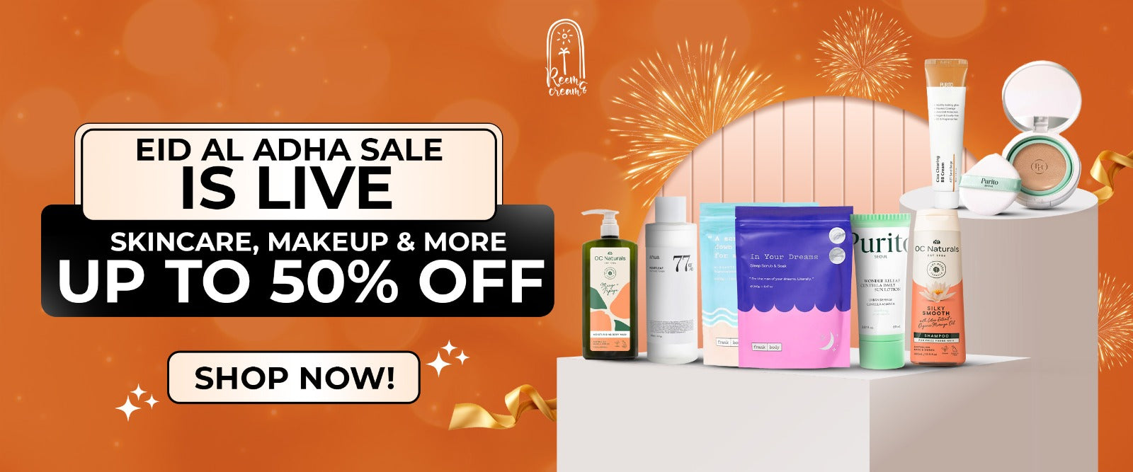 Eid al Adha sale advertisement with skincare and makeup products on an orange background