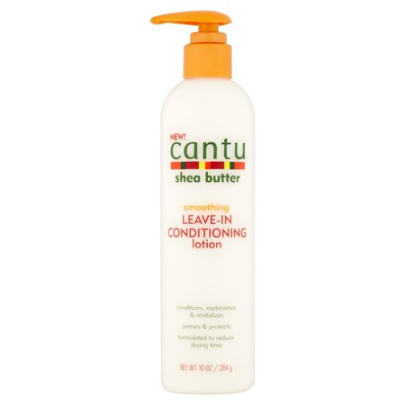 Cantu Shea Butter Smoothing Leave-In Conditioning Lotion 10 oz bottle with orange pump top on a white background.