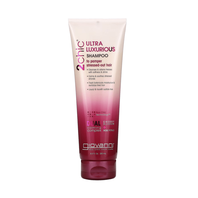 Giovanni 2chic Ultra-Luxurious Shampoo with Cherry Blossom & Rose Petals 8.5 fl oz tube on a white background.