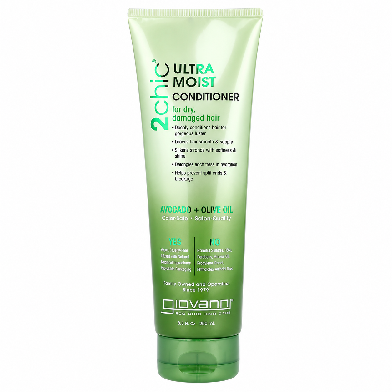 Front view of a light green squeeze tube of Giovanni 2chic Ultra-Moist Avocado & Olive Oil Conditioner 8.5 fl oz