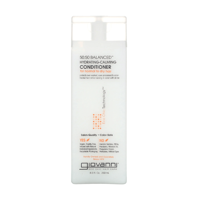 Giovanni 50:50 Balanced Hydrating-Calming Conditioner 8.5 oz bottle for normal to dry hair on plain white background.
